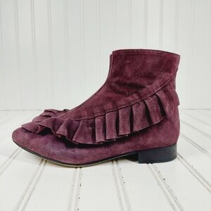 Renvy Suede Burgundy Almond Toe Frill Accent Ankle Booties C990